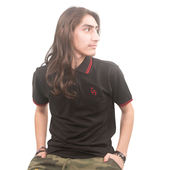 Oi! Boi - Embroidered LA Safety Pins polo shirt - BLACK/RED